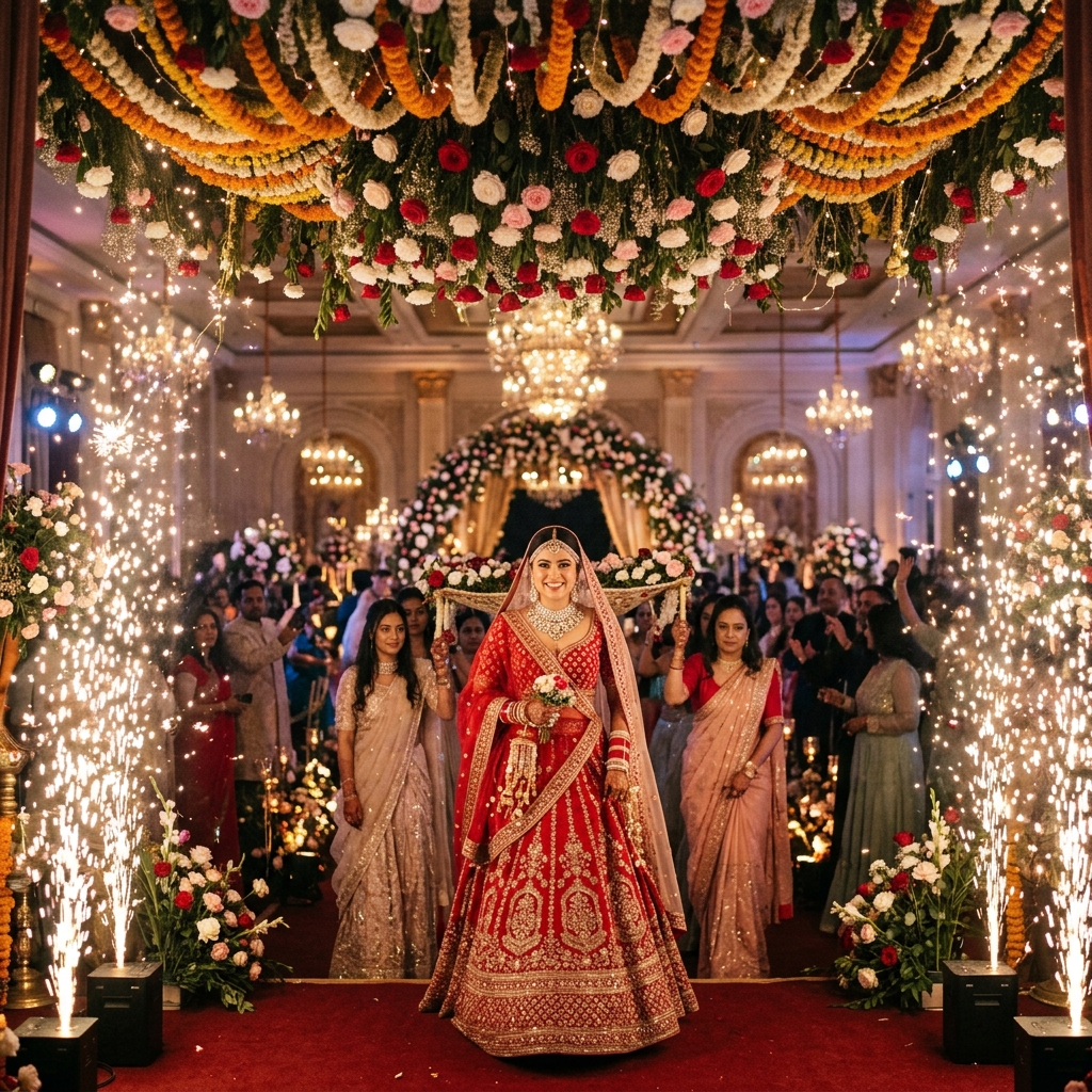 Bride entering with fireworks sparklers