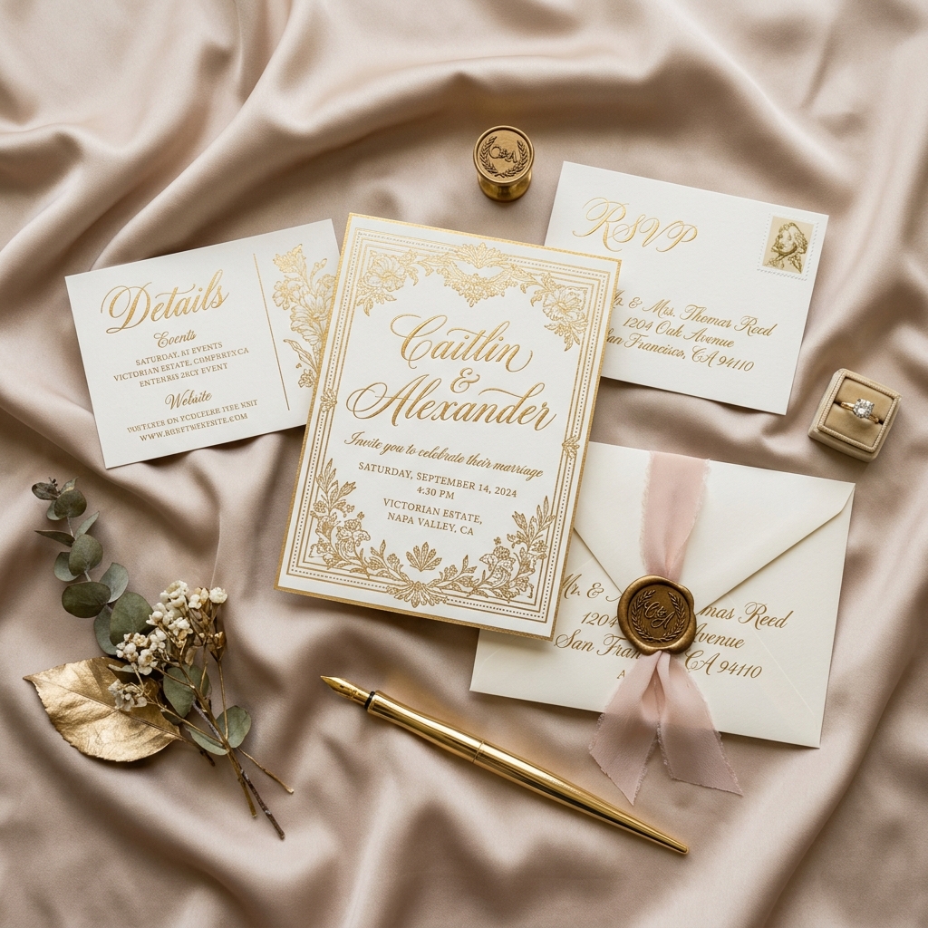 Luxury wedding invitation gold details