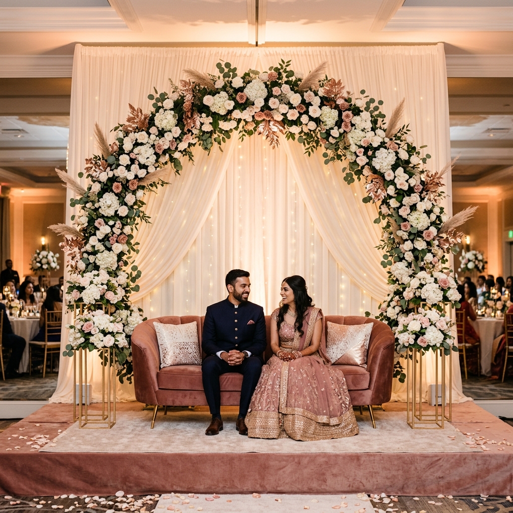 Minimal ivory roses arch engagement
