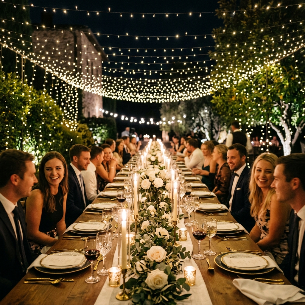 Elegant wedding dining tables lights
